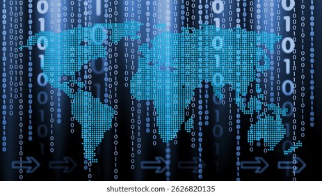 World map and Binary code background