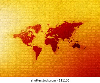 World map with binary code behind it.