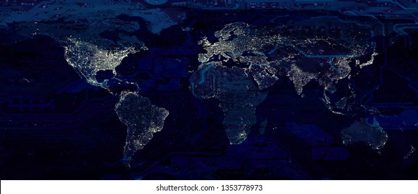 World Map City Lights And Dark Motherboard Hi Technology Conceptual Collage. Elements Of This Image Furnished By NASA.