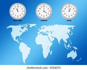 World map and clocks, computer generated