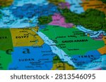World map closeup with sharp focus of egypt. Wonderlust or tour or travel concept.