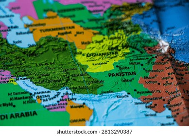 World map closeup with sharp focus on Pakistan. Wonderlust or tour or travel concept.