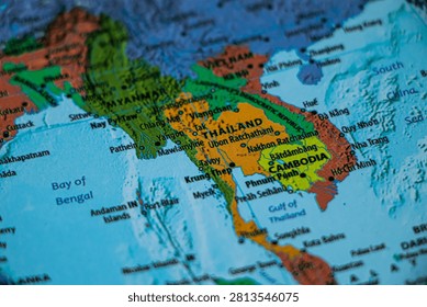 World map closeup with sharp focus on Cambodia. Wonderlust or tour or travel concept.