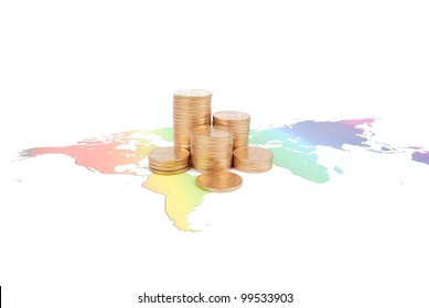 World map and coins