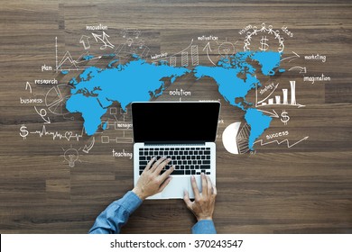 World map with creative thinking drawing charts and graphs business success strategy plan ideas,  With Man hand working on laptop computer keyboard with blank screen monitor, Top View - Powered by Shutterstock