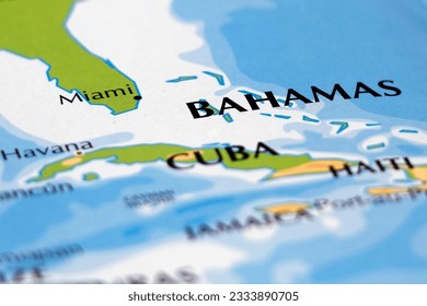 world map of cuba and focus in all border with miami, bahamas, havana, haiti and jamaica