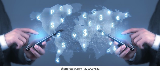 World Map With A Currency Symbols And Network. World Global Currency Exchange. Money Transfer. Business. Finance. Technology