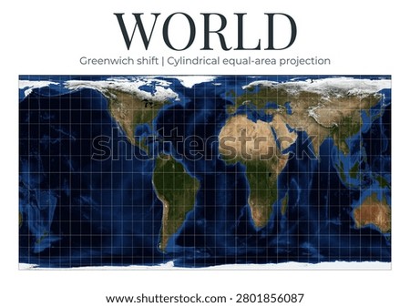 World Map in Cylindrical Equal-Area Projection. Greenwich shift with lat 0, lon -30. High-detail physical map of Earth. April View. Elements of this image furnished by NASA.