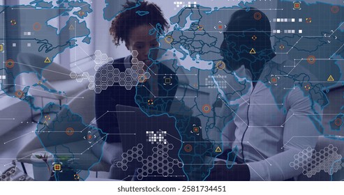World map and data analytics image over business people in office. global, teamwork, corporate, technology, digital, collaboration - Powered by Shutterstock - Get 15% off with code: PIKWIZARD15