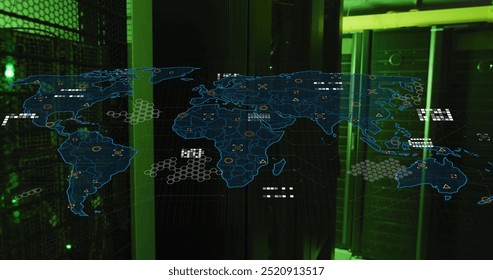 World map with data points and network connections image over server room. Technology, networking, global, digital, servers, cybersecurity