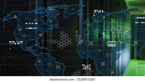 World map with data points and network connections image over green-lit server room. Technology, connectivity, cybersecurity, servers, digital, global