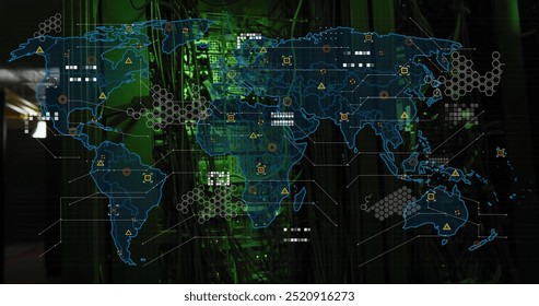 World map with data points and network connections image over server room background. Technology, globalization, digital, cybersecurity, information, innovation