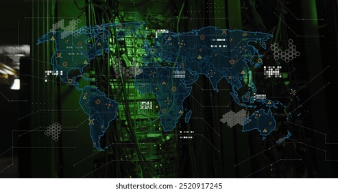 World map with data points and network connections image over server room. Technology, networking, data visualization, servers, cybersecurity, digital