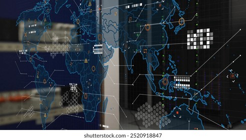 World map with data points and network connections image over office background. Global, technology, analytics, business, digital, interface