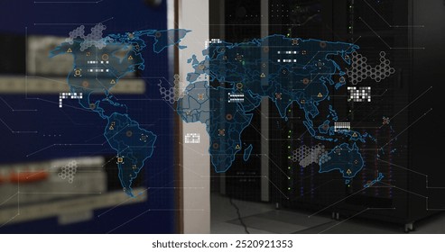 World map with data points and network connections image over server room. Technology, data analysis, networking, digital, connectivity, cybersecurity