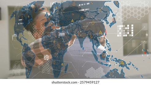 World map with data points and network connections image over people hugging. Global, worldwide, technology, data visualization, globalization, digital