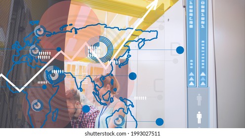 World map and data processing against caucasian man and woman wearing vr headset in server room. cyber security and data storage technology concept