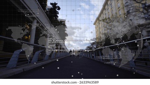 World map and data processing over time-lapse of city bridge. Global networking and business data technology concept