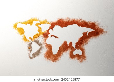 World map of different spices on white textured table, flat lay