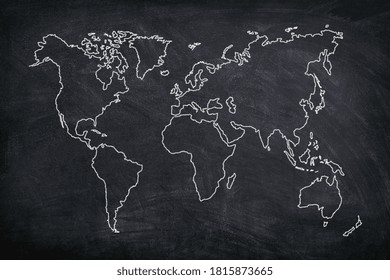 World map draw contour on black chalkboard