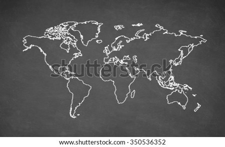 World map drawn on chalkboard. Chalk and blackboard.