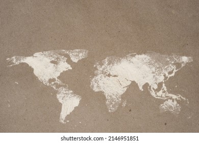 World Map Dusted On Flour Craft Paper With Copy Space. World Food Safety Concept.