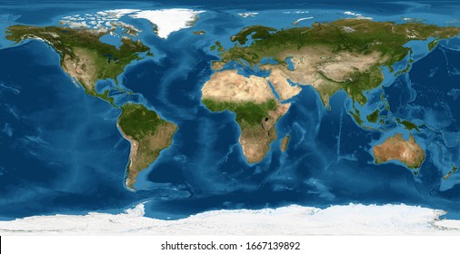 World map, Earth flat view. Detailed World physical map in satellite photo. Panoramic planet map with texture surface and ocean. Globe and planisphere theme. Elements of this image furnished by NASA. - Shutterstock ID 1667139892