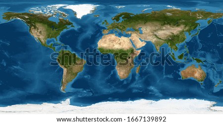 World map, Earth flat view. Detailed World physical map in satellite photo. Panoramic planet map with texture surface and ocean. Globe and planisphere theme. Elements of this image furnished by NASA.