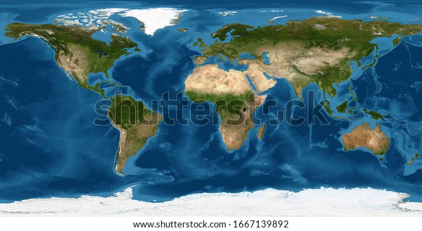 World map, Earth flat view. Detailed World physical\
map in satellite photo. Panoramic planet map with texture surface\
and ocean. Globe and planisphere theme. Elements of this image\
furnished by NASA.