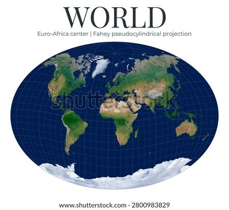 World Map. Fahey projection. Pseudocylindrical compromise world projection. Euro-Africa center, 10 latitude, 10 longitude rotation. Detailed physical topography.