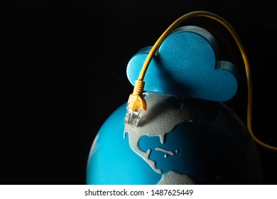 world map globe with internet server online yellow lan wire on black background in technology digital connection with business aroun the world concept
