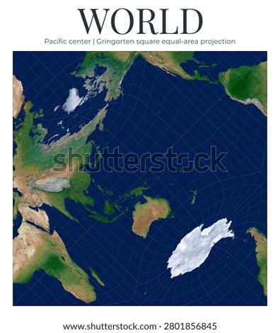 World Map. Gringorten square equal-area projection. Square physical map showing global grids and quincuncial layout. Pacific center at latitude zero, longitude 150.