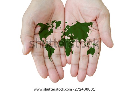 World map in hands isolated on white.