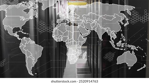 World map image over data center servers in hallway. Technology, digital, networking, global, internet, infrastructure