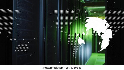 World map image over data servers in dimly lit server room. Technology, networking, digital, cybersecurity, infrastructure, futuristic - Powered by Shutterstock - Get 15% off with code: PIKWIZARD15