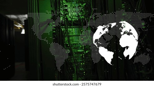 World map image over green-lit server room with network cables. Technology, data, connectivity, cybersecurity, digital, global