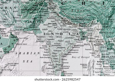 World map. India and Pakistan global military crisis. Political map close-up photo