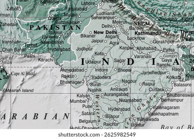 World map. India and Pakistan global military crisis. Political map close-up photo