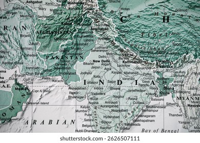 World map. India and Pakistan global military crisis. Political map close-up photo