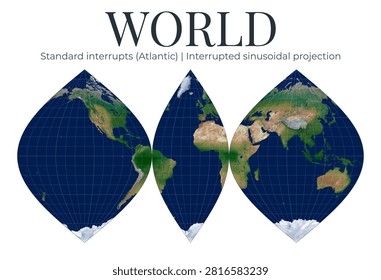 World Map. Interrupted sinusoidal projection. Standard interrupts (Atlantic) at 0 latitude and -20 longitude. Detailed physical satellite imagery.