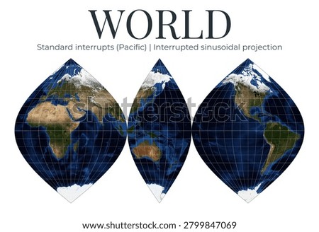 World Map in Interrupted Sinusoidal Projection. Detailed physical Earth view. Pacific-focused, standard interrupts. April View. Elements of this image furnished by NASA.