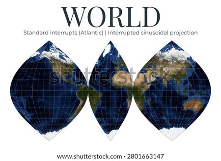 World Map. Interrupted sinusoidal projection. High detail physical map of Earth. Atlantic focus, April View. Elements of this image furnished by NASA.