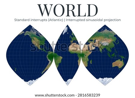 World Map. Interrupted sinusoidal projection. Standard interrupts (Atlantic) at 0 latitude and -20 longitude. Detailed physical satellite imagery.