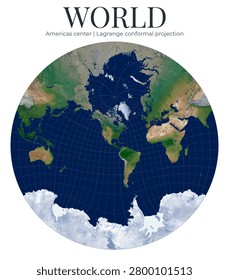 World Map, Lagrange conformal projection. Americas center at latitude 15, longitude minus 90. High detail physical globe displaying aesthetic small-scale geography. Scientific topography.