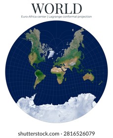 World Map. Lagrange conformal projection. High detail physical globe. Euro-Africa center at latitude 15 and longitude 10.