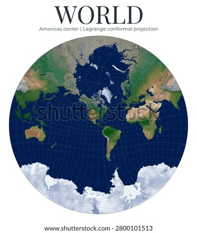 World Map, Lagrange conformal projection. Americas center at latitude 15, longitude minus 90. High detail physical globe displaying aesthetic small-scale geography. Scientific topography.
