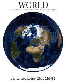 World Map. Lambert azimuthal equal-area projection centered on Europe. Detailed global view. Physical map of Earth. April View. Elements of this image furnished by NASA.