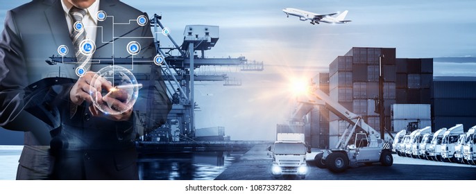 World map with logistic network distribution on background. Logistic and transport concept in front Industrial Container Cargo freight ship for Concept of fast or instant shipping, Online goods orders