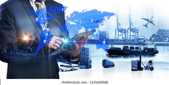 World map with logistic network distribution on background. Logistic and transport concept in front Industrial Container Cargo freight ship for Concept of fast or instant shipping Online 