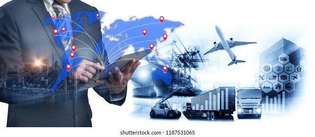 World map with logistic network distribution, Logistic and transport concept in front Industrial Container Cargo freight ship for Concept of fast or instant shipping, Online goods orders worldwide